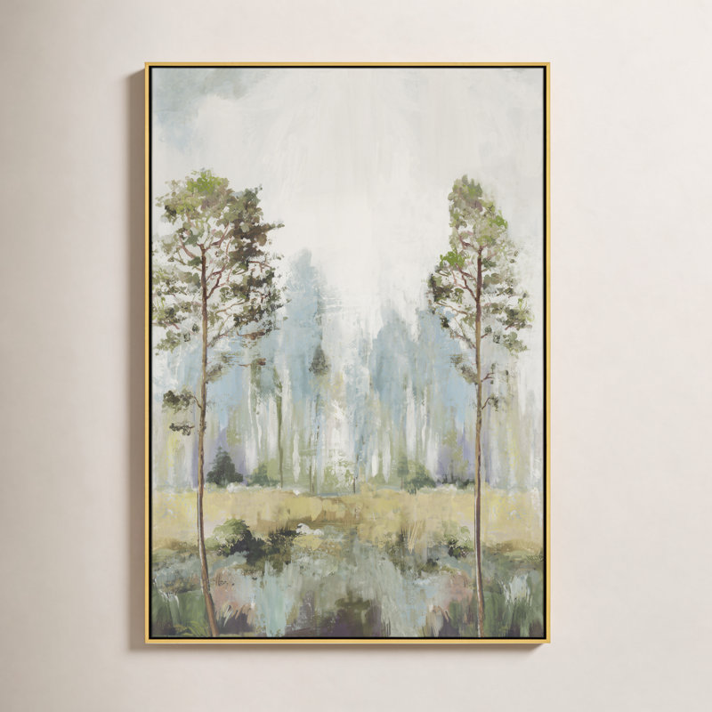 Teton Tall Green Trees II by Teton Pearce - Floater Frame Print on Canvas, 61.5" H x 41.5" W, Gold