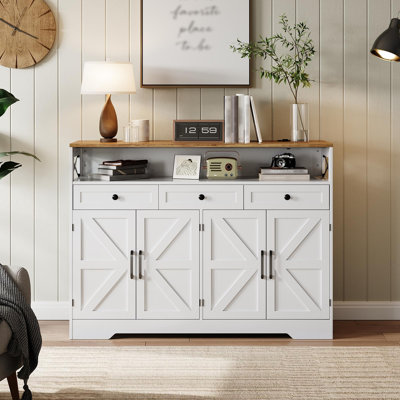 51" Farmhouse Sideboard Buffet Cabinet with Charging Station, 3 Drawers & 4 Barn Doors, Large Wood Coffee Bar Storage Pantry for Kitchen, Dining, Living Room