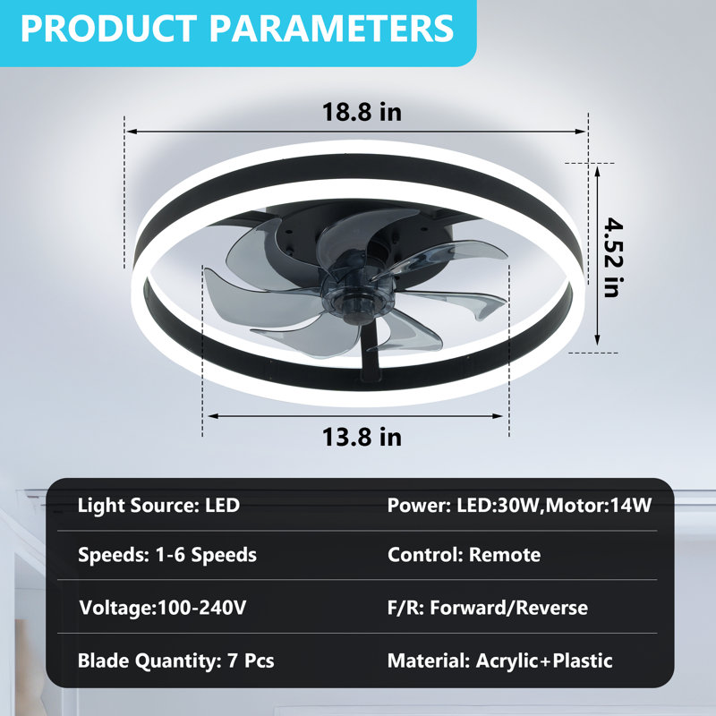 Ventilateur de plafond encastré noir de 18,8 po avec lumière, télécommande et 6 vitesses, DEL à intensité variable pour la chambre à coucher et les espaces de vie