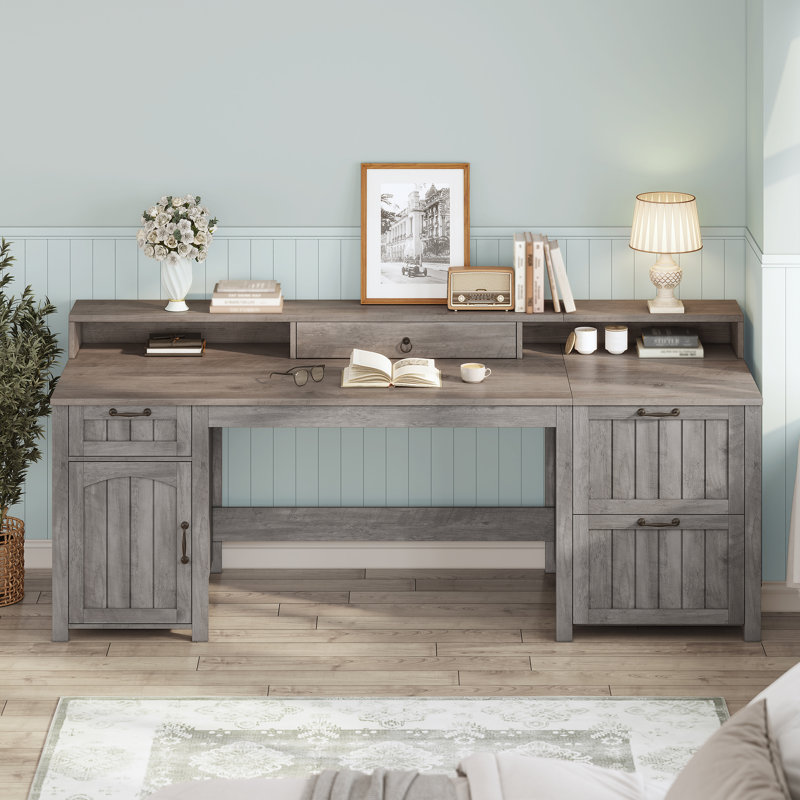 Farmhouse 63" Executive Desk, Wood Computer Desk With Drawers And Storage Cabinet, Home Office Desk With File Drawer And Monitor Stand, Wood Desk For Work Study Writing