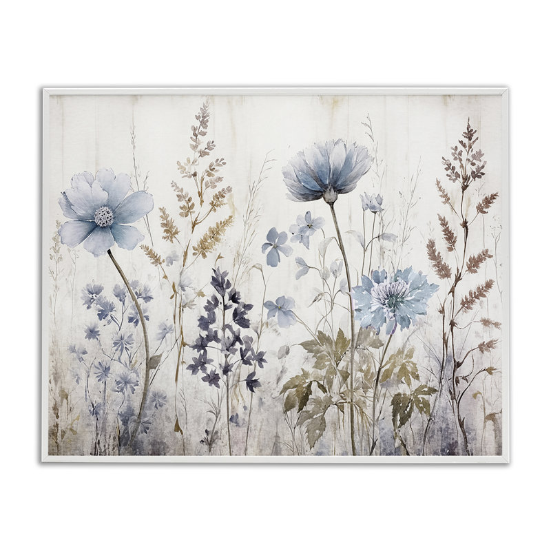 «Blue Nature Blossoms», estampe numérique par Sasha, Cadre blanc, H 16 po x l 20 po
