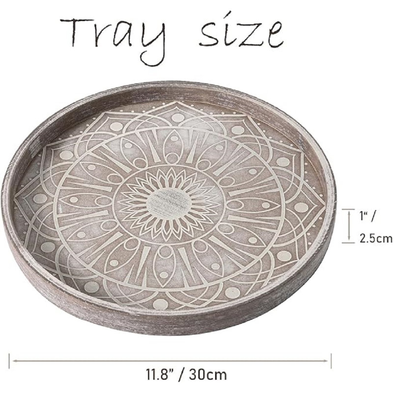 12" Boho Decorative Tray For Home Decor, Round Wood Coffee Table Tray Decor, Rustic Washed Ottoman Tray For Living Room, Small Wooden Carved Circle Serving Tray