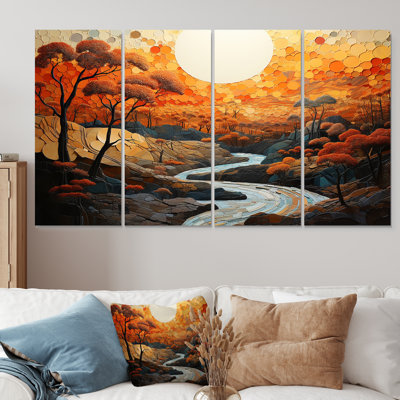 Orange Sunset Abstract Landscape Stream I - Abstract Landscapes 4 Piece Wall Art