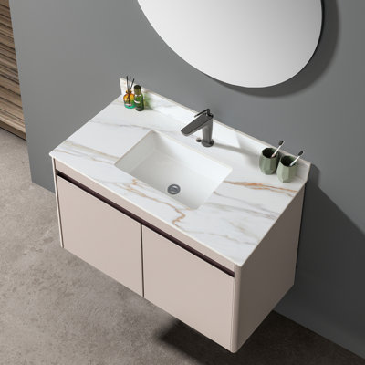 Dessus de meuble-lavabo blanc 43 po pour salle de bain - Lavabo sous-comptoir rectangulaire, dosseret de 4 po, trou de robinet pré-percé, avec armoires à veines élégantes de 42 po x 21 po, compatible avec hauteur moyenne