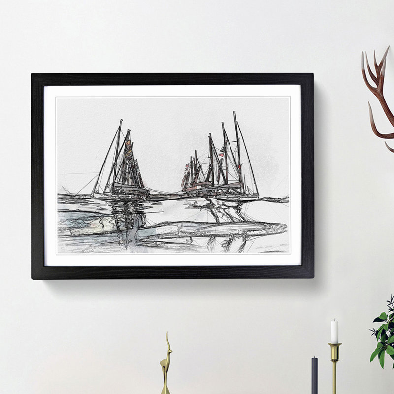 Boats in Majorca in Abstract - Picture Frame Drawing Print, 62cm H x 87cm W x 2cm D, Black Framed