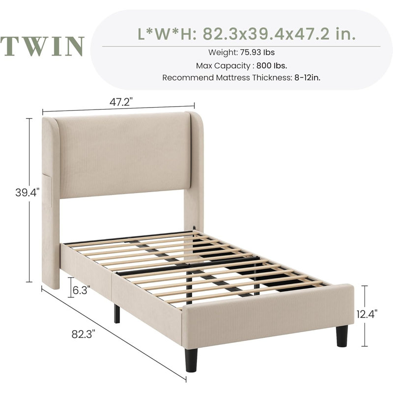 Structure de lit simple en velours avec tête de lit et oreilles
