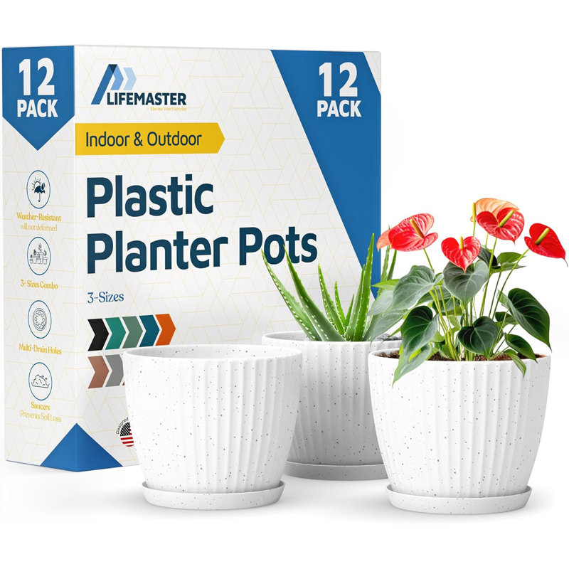 White Gray 6-Inch Plant Pots with Drainage & Saucers 12 Pack, Indoor & Outdoor Planters for Houseplants, Herbs, and Flowers, Durable & Weatherproof Material, Stackable, Lightweight, Minimalist Design