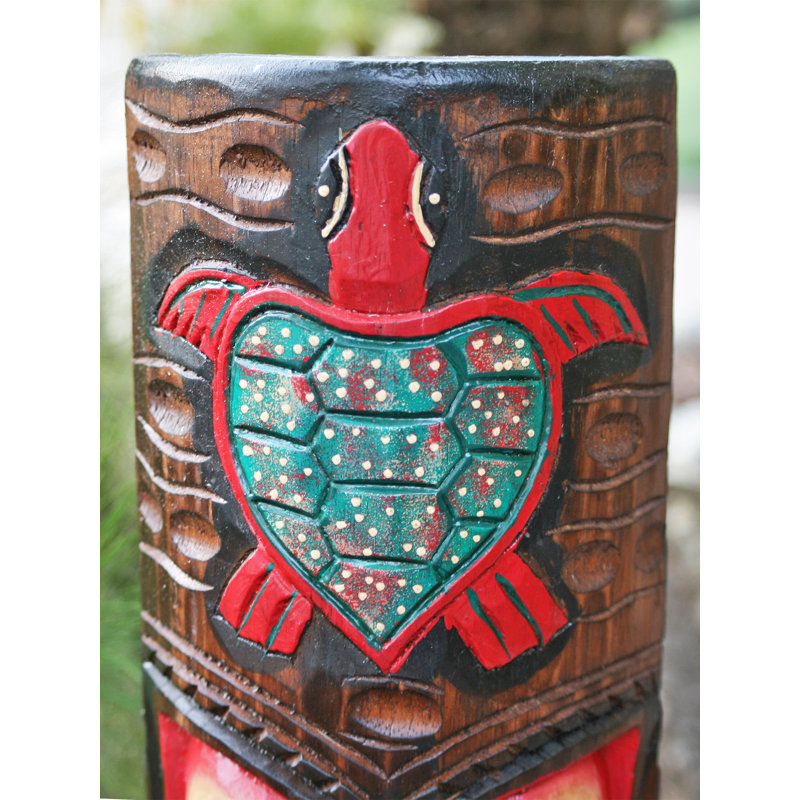 Hand-Carved Tropical Tiki Mask with Turtle and Hibiscus Flower