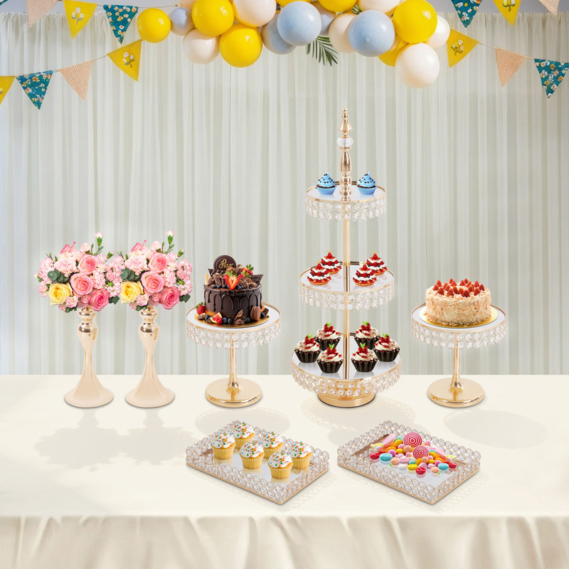 Ensemble de 7 présentoirs à gâteaux et desserts pour table, comprenant une tour à cupcakes et des plateaux, idéal pour un mariage, un anniversaire ou une fête.