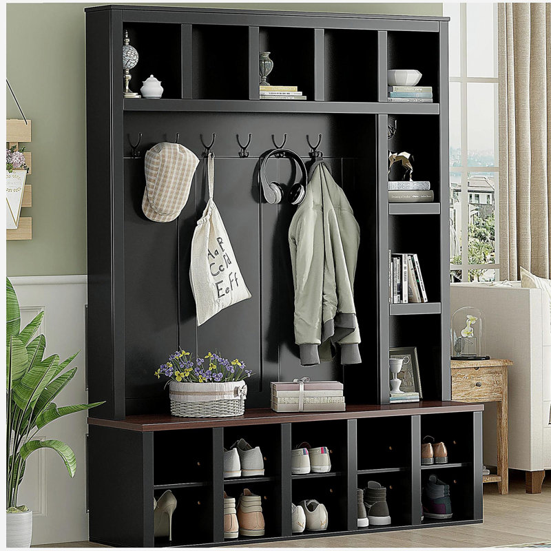 Farmhouse Wooden Style Hall Tree with 6 Hooks, Practical Walnut Storage Bench with Adjustable Shelves,  4-in-1 Entryway Shoe Cabinet with 13 Cubbies for Mudroom, Living Room,