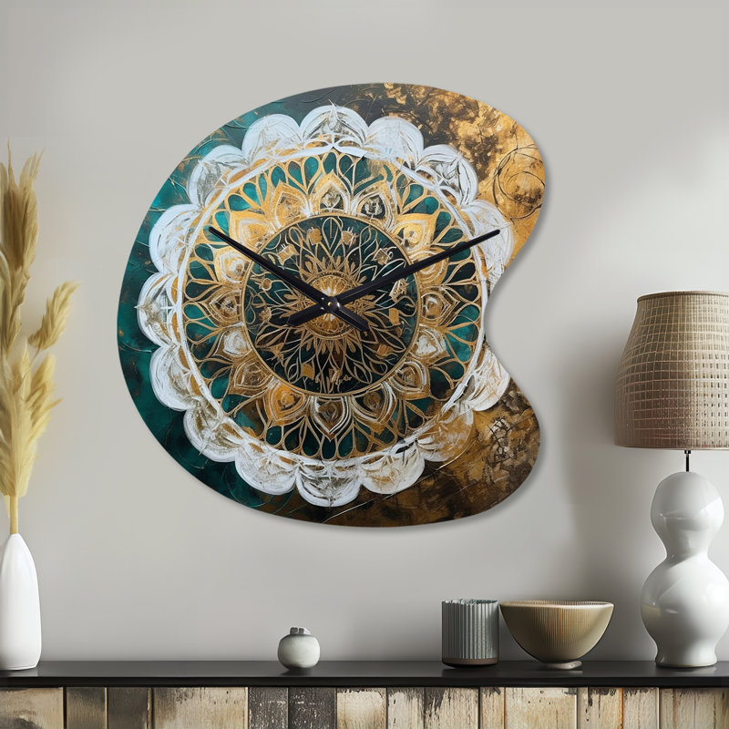 Horloge murale bleu sarcelle et or Mandala I - Boho Mandala, Grand