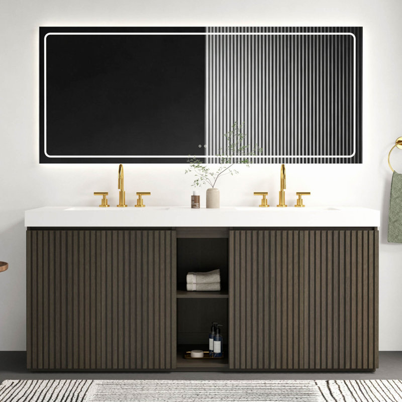 Meuble-lavabo autoportant en chêne fumé 72 "avec lavabo, grand meuble-lavabo pour salle de bain moderne avec lavabo une pièce sans bonde ni robinet