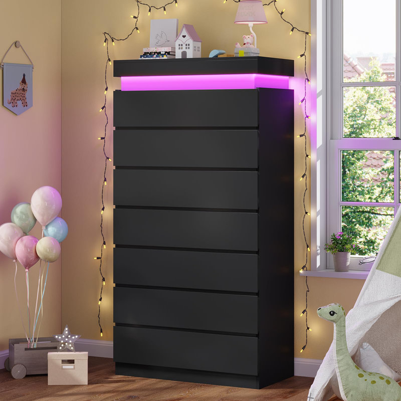 Commode 7 tiroirs avec éclairage à DEL, commode haute avec tiroirs pour le couloir, Noir