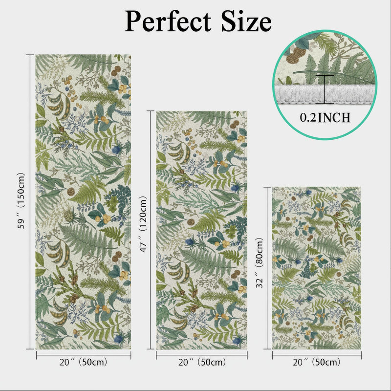 Botanical Green Non-Slip Washable Kitchen Mats