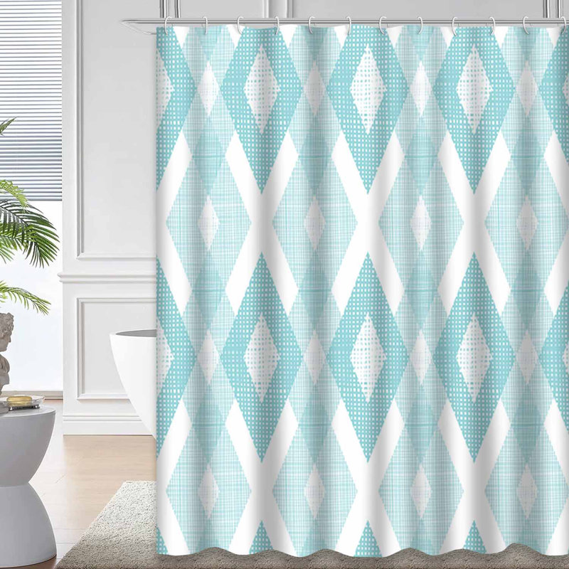 Rideau de douche en tissu pastel bleu ikat à losanges avec 12 crochets, L 72 po x l 84 po
