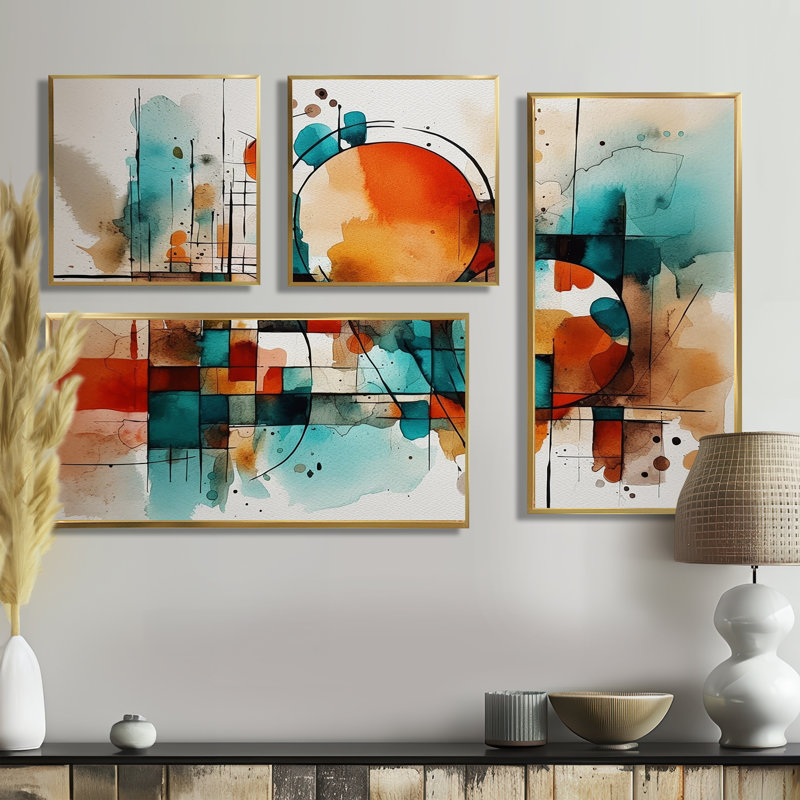 Orange énergie géométrique - impressions d'art moderne sur toile 4 pièces, Framed Print without Mat, Doré