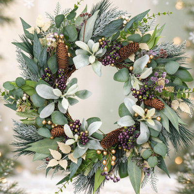 Couronne de Noël 24 po pour porte d'entrée, verdure mixte, pomme de pin et baies pour décoration intérieure et extérieure