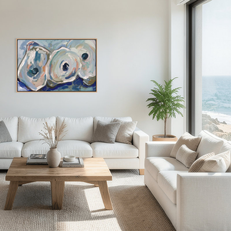 Coastal Retreat Pearlescent Elegance: Oyster Abstract, 16" H x 24" W x 2.375" D, Framed Canvas, Beige