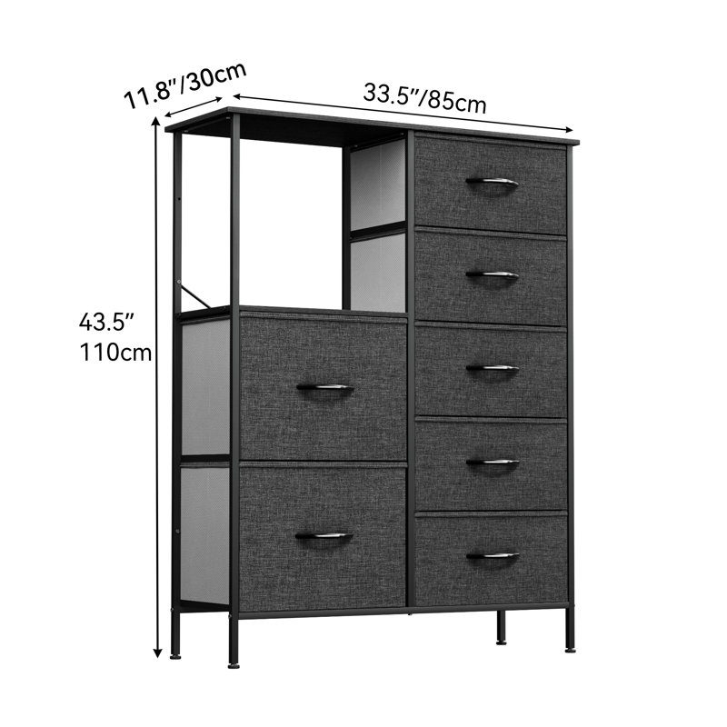 Kamrudeen 33.464566929134'' W 7 - Drawer Dresser, Black/Gray