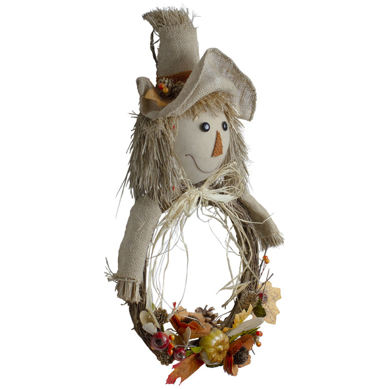 20" Tan and Orange Fall Harvest Scarecrow Wreath Wall Decor