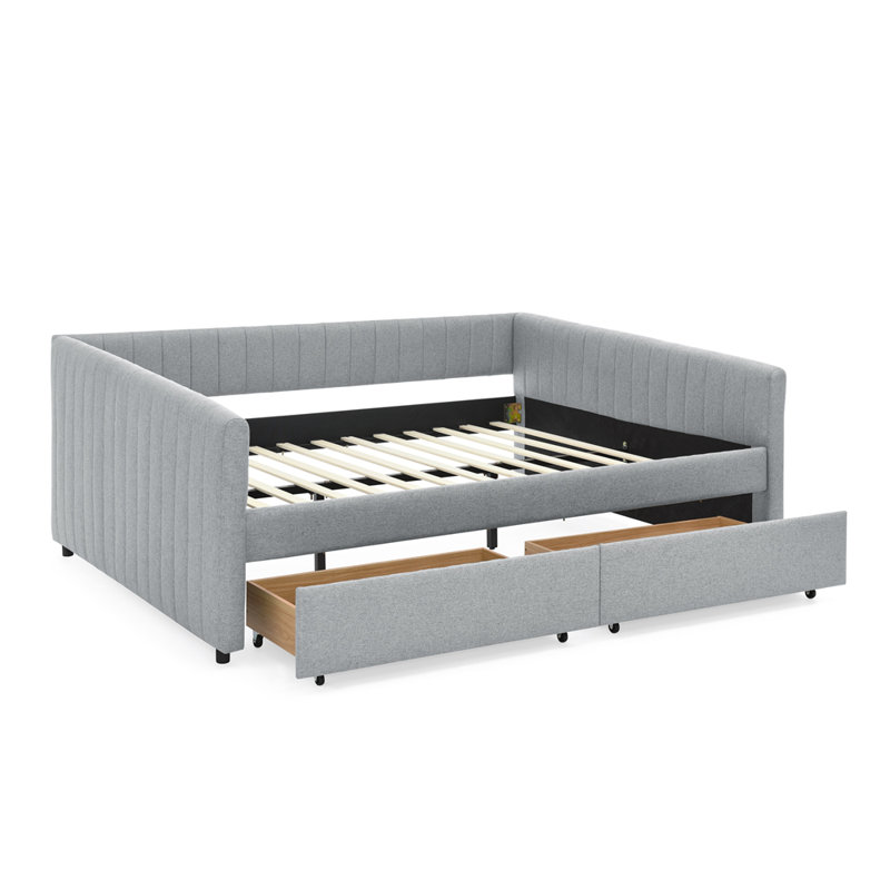 Queen daybed: upholstered sofa bed, two-drawer trundle, vertical stripes, linen fabric (86.5"x65"x30"), Gray