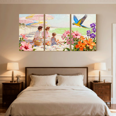 Ensemble de 3 impressions sur toile, pique-nique avec famille et perroquet