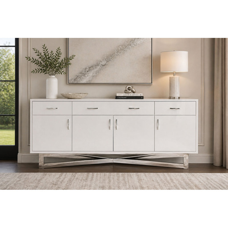 Maximo White High-Gloss Lacquer Sideboard – Silver Base, Silver/White High Gloss