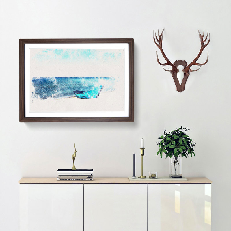 Blue Boat upon the Beach - Picture Frame Graphic Art Print, Walnut Framed, 40cm H x 60cm W x 2cm D