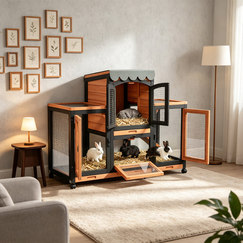 Cage à lapin d'intérieur avec gardes à urine, cage à lapin extérieure résistante aux intempéries avec roue et plateau, portes arquées