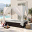 Double chaise longue d'extérieur avec sections de tête et de pied réglables, structure en acier, base enveloppée en PEHD, rideaux et coussins-1209473258