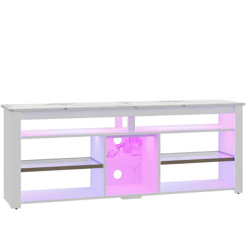 Meuble télé en marbre blanc avec lumières DEL, console média 63 po pour téléviseur de 70 po et tablettes réglables en acrylique