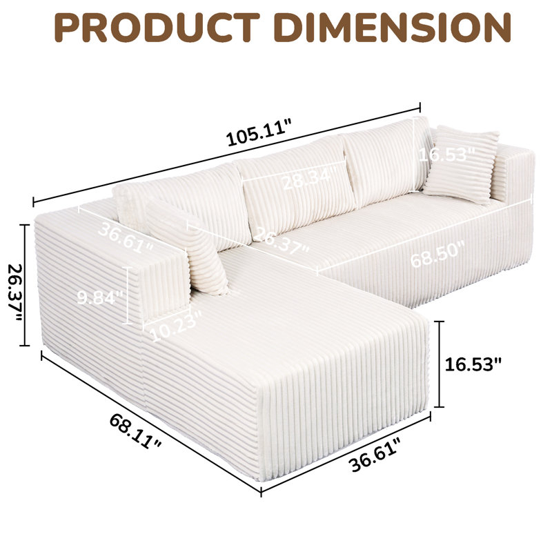 105" L-Shaped With Corduroy Fabric And Memory Foam Filling, Ideal For Bedroom Living Room In Small Spaces, Spring- Safe Pets, High Posture Adaptation, Sagging Structure, Compressed Space Saving,