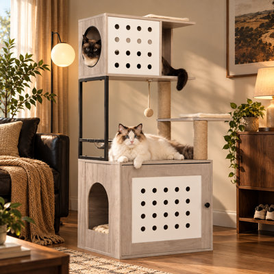 Arbre à chat peu encombrant avec bac à litière intégré, tour à chat d'intérieur à 3 niveaux avec hamac, coin repas et poteaux à griffer en sisal