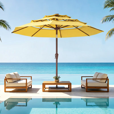 9ft 3-tier Patio Umbrella With Push Button Tilt & Crank Lift, Outdoor Market Umbrella For Garden Deck Backyard