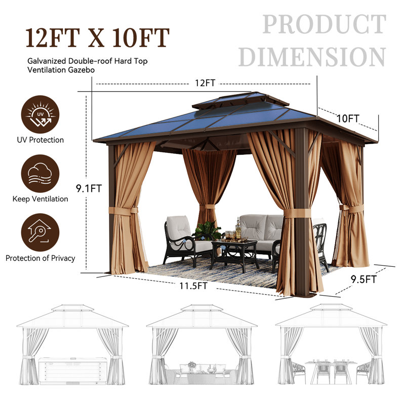 12 Ft. W x 10 Ft. D Metal Patio Gazebo