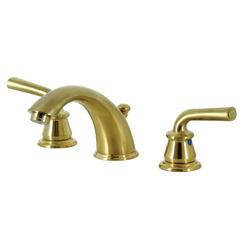 Kingston Brass Restoration Two-Handle 3-Hole Deck Mount Widespread Bathroom Faucet with Retail Pop-Up Drain, Brushed Brass