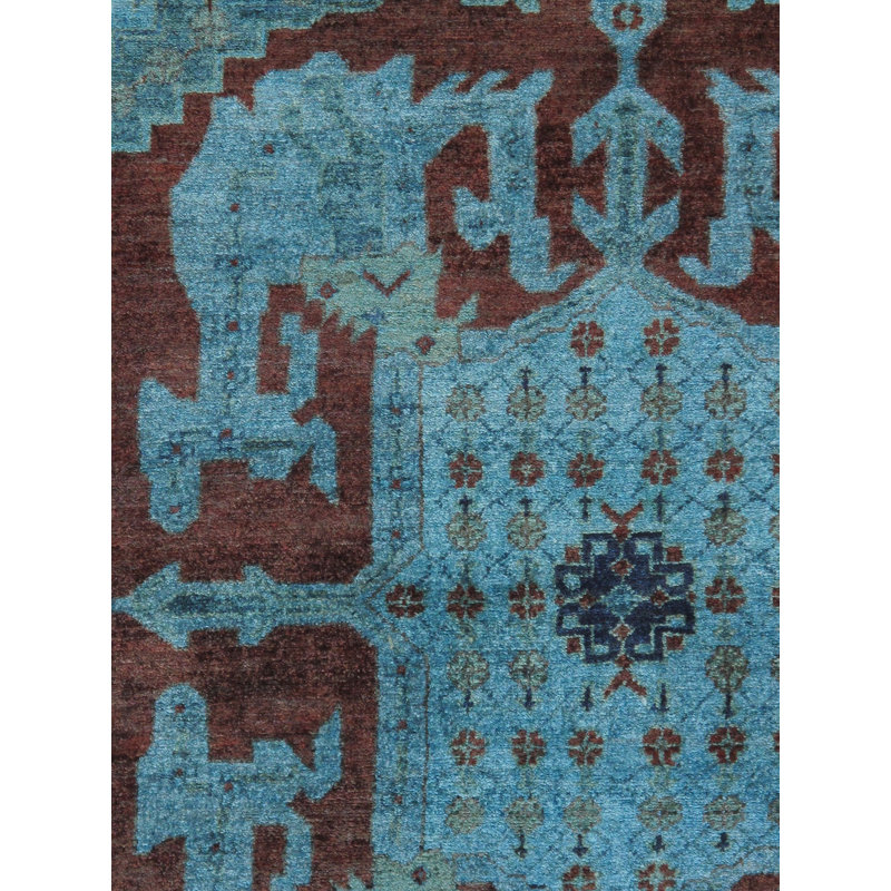 Tapis unique en laine noué à la main bleu / rouille de 8 pi 3 po x 10 pi