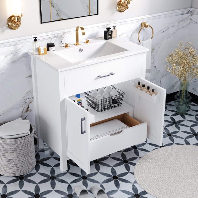 Meuble-lavabo de 30 pouces avec lavabo en céramique et nombreuses tablettes pour les accessoires essentiels - Optimisez votre efficacité. Bois massif. Bassin à finition blanche classique avec beaucoup d'options de rangement.