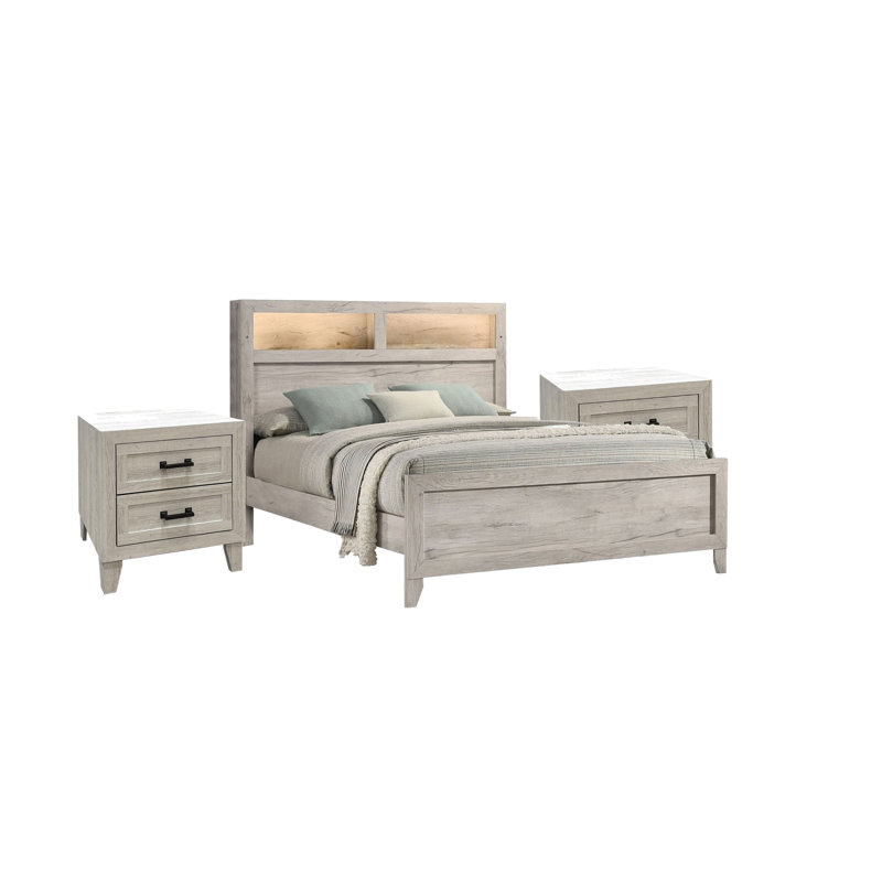 Ensemble de chambre pour grand lit, blanc délavé, bois noir, ensemble de 3 pièces avec 2 tables de chevet