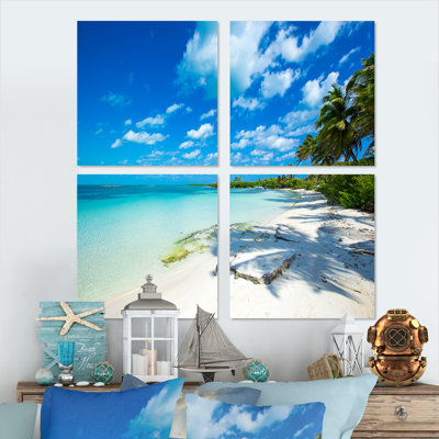 «Tropical Beach With Palm Shadows - Sea & Shore», ensemble de 4 reproductions d'art sur toile