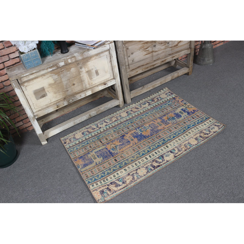 Handwoven Vintage Turkish Door Mat In Blue And Beige Geometric Patterns For Bohemian Style Entryway Accent