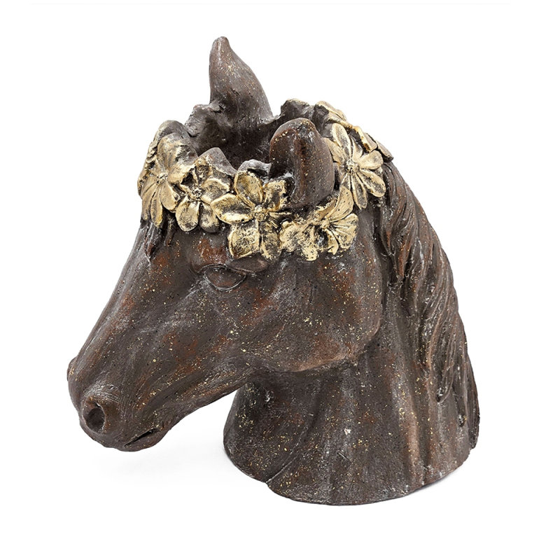 Pot à fleurs 14,5 x 8,5 x 13,5 po en magnésium avec fini brun texturé et couronne feuille d'or