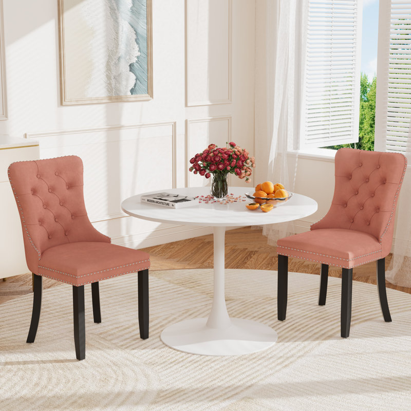 Round Pedestal Dining Set with 2 chairs, Pink, White/White