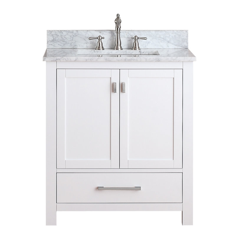 Modero 30" Single Bathroom Vanity with Top, Carrera White Marble, White, Brushed Nickel