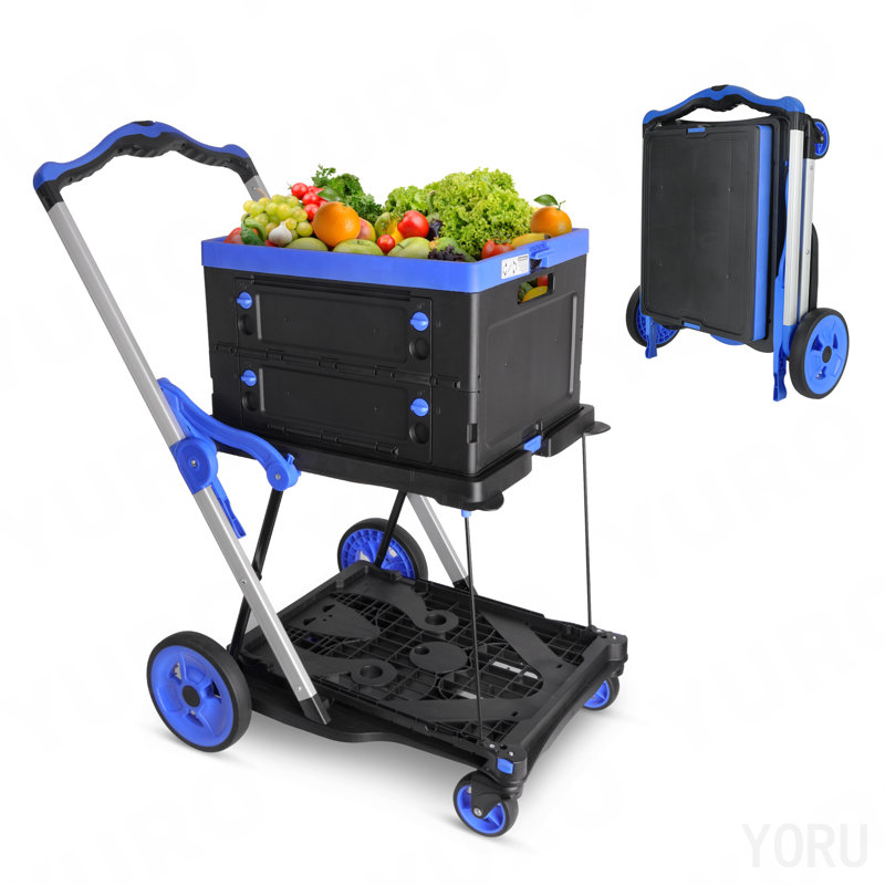 Chariot pliant à 2 niveaux à charnières pliables multi-usages avec roulettes Chariot de service avec caisse de rangement
