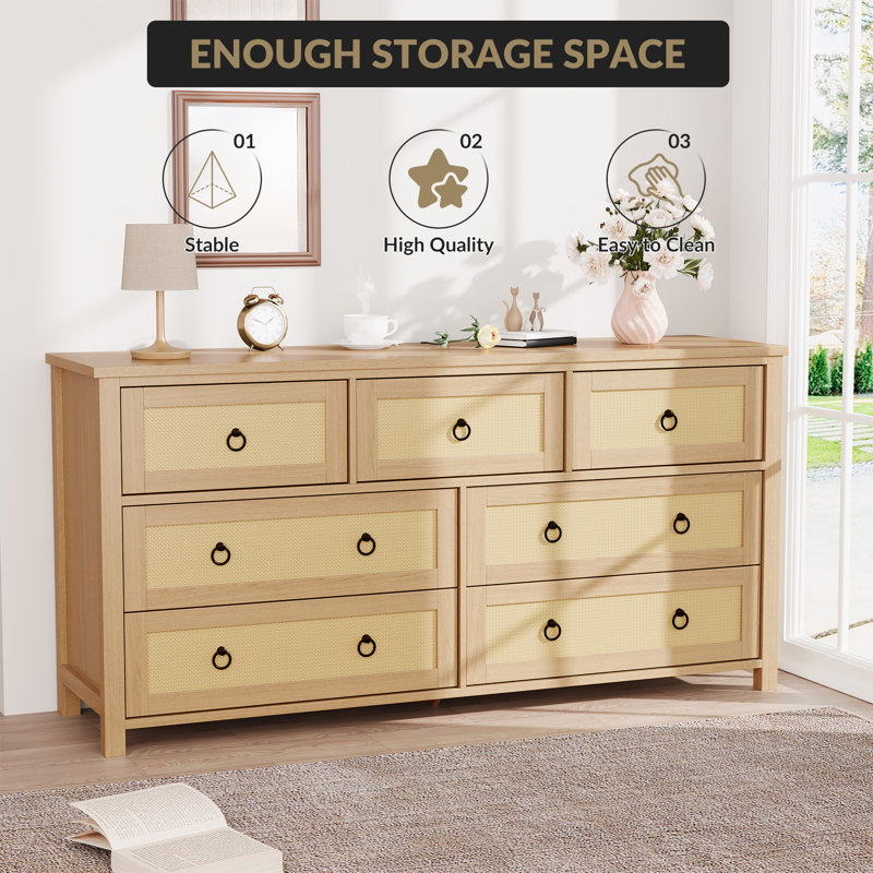 Commode à tiroirs pour chambre à coucher, commode en rotin, commode Boho, commode en bois avec armoire de rangement pour vêtements