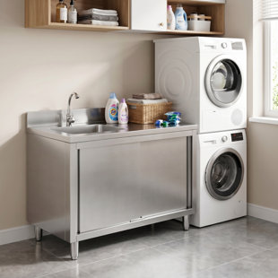 Évier utilitaire autoportant de 47 pouces en acier inoxydable, bol simple avec robinet et tablette de rangement pour cuisine, salle de bain, bar, ferme