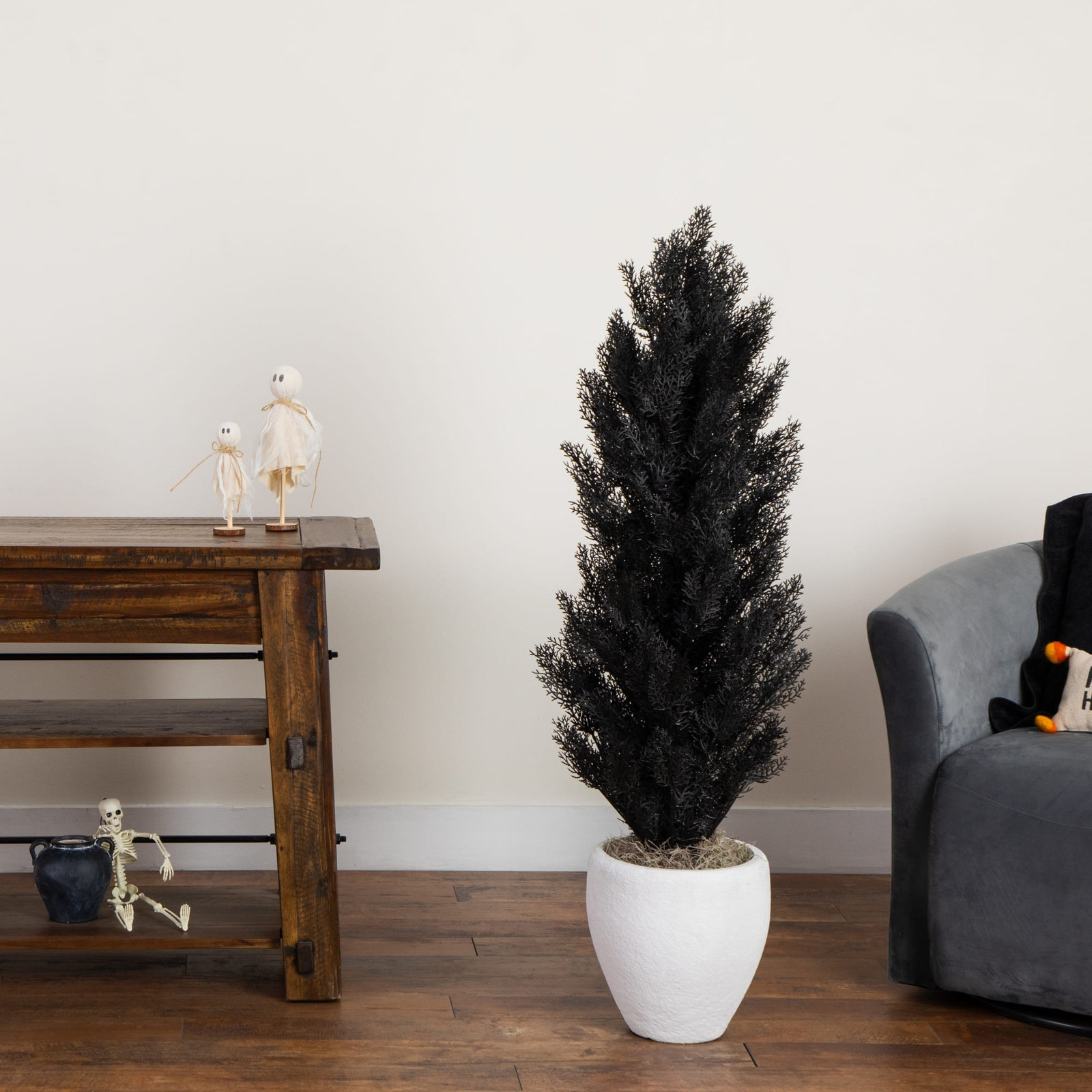 4Ft. UV Resistant Artificial Halloween Black Cedar Tree (Indoor/Outdoor), 48" H x 12" W x 12" D