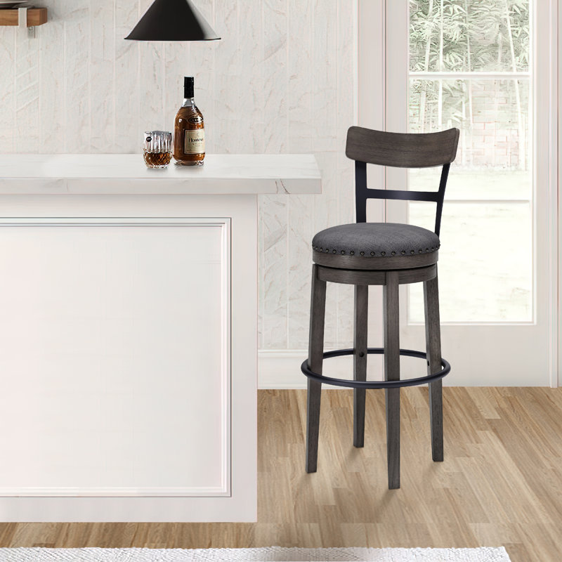 Elegant Gray Swivel Barstool with Curved Back and Nailhead Trim