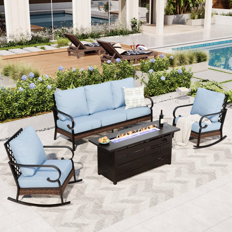 5-Person Sofa Seating Group With Rocking Lounge Chairs & Fire Pit Table, Black/Blue/Black